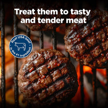 Grilled beef dog treats on a barbecue grill with real USA beef badge
