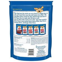 Back of dog treat pouch with nutrition and ingredient information text on blue bag