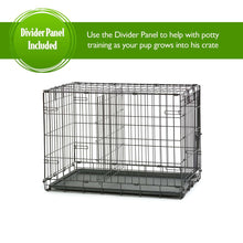 Wire dog crate with divider panel and gray leak-proof tray, rectangular open front