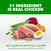 IAMS minichunks chicken & whole grain recipe ingredient graphic with chicken, peas, carrots