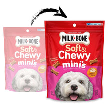 Milk-Bone Soft & Chewy minis dog treat pouches, red and pink bags with dog portraits