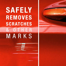 Red car door panel with scratch marks and removal claim text