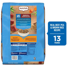 Large-breed dry dog food bag back panel with kibble and nutrition info