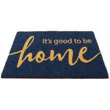 Navy coir doormat with centered gold 'It's good to be home' message