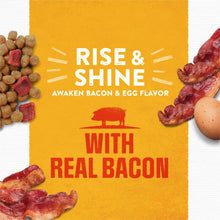 Purina Rise & Shine pouch panel with real bacon icon and bacon & egg flavor