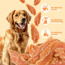 Chicken jerky dog treats: orange chicken strips with small dog in frame
