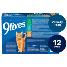 9Lives paté favorites variety pack carton with orange cat illustration and 12-pack info