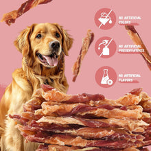 Golden retriever with thin jerky dog treats made from chicken, duck, and cod
