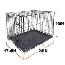Wire dog crate with black leak-proof tray base, labeled dimensions on side view.