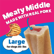 Large dog chew treats label highlighting real pork with beige bone chew and red topping
