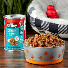 Wet dog food can with bowl of Country Stew in gravy