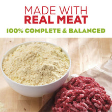 Dog food bowl with powder and chopped beef mix, made with real meat