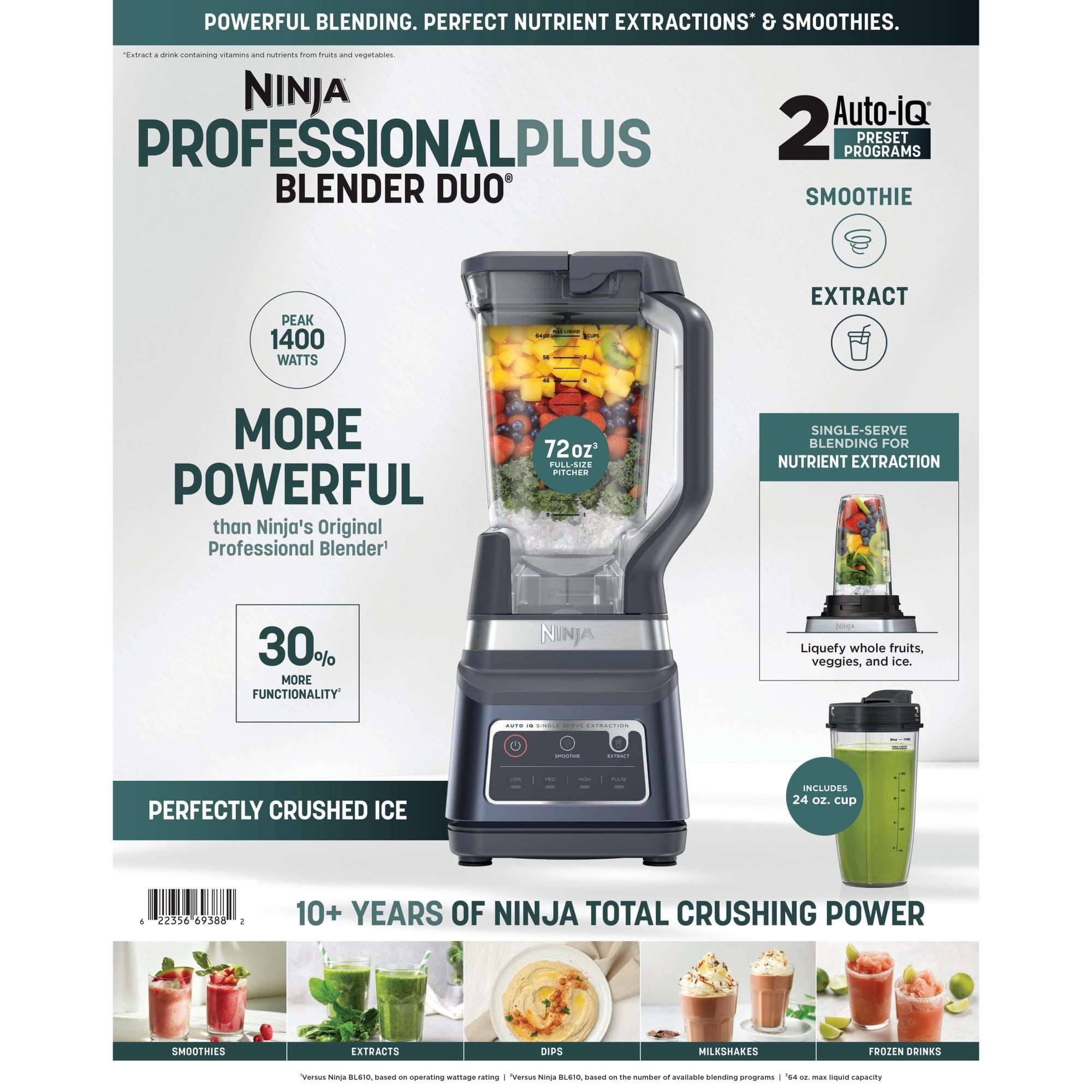 Ninja Professional Plus DUO 72-Oz Blender, Smoothies, Ice Crush, 2 Auto-iQ Preset Programs, 4 Speeds, 1400PW, BN750