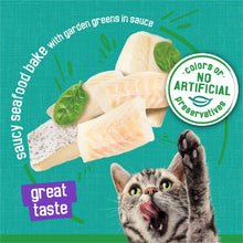 Saucy seafood bake wet cat food with garden greens in sauce and no artificial badge