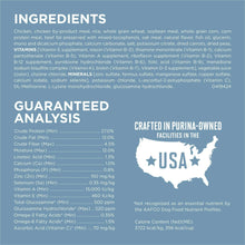 Dry dog food ingredients and guaranteed analysis chart with USA and nutrition facts