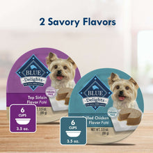 Blue Delights wet dog food cups showing prime rib and grilled chicken flavors