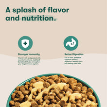 Dog kibble in a teal bowl with pale sauce drizzle