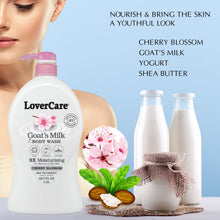 Goat's milk body wash bottles with cherry blossom design, with person nearby
