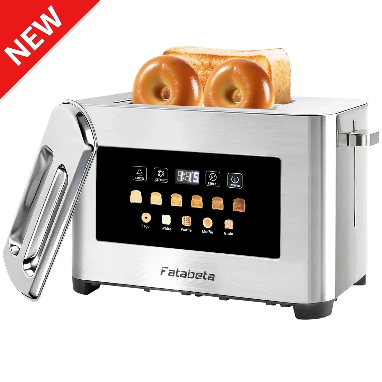 Fatabeta Toaster, 2 Slice Toaster with Dust Cover, Wide Slot for Bagel & Bread, 6-Shade Even Toasting, Defrost & Reheat, Smart LED Touchscreen, Stainless Steel - USA MEGA SHOP