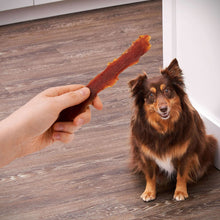 Duck jerky dog treat held near a small dog on a light wood floor