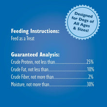 Dog treat label with guaranteed analysis and feeding instructions text