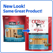 Dog chew 2-pack packaging with new look and old look comparison graphic
