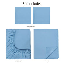 Set includes: two pillowcases, fitted sheet, flat sheet in light blue