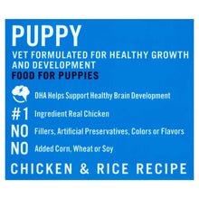 Puppy dog food label with DHA, real chicken, and no fillers or artificial preservatives