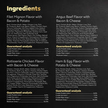 Cesar wet dog food ingredients and guaranteed analysis panels on package