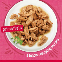Wet cat food prime fillets in sauce on a white plate