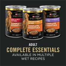 Three wet dog food cans labeled for adult complete essentials variety pack