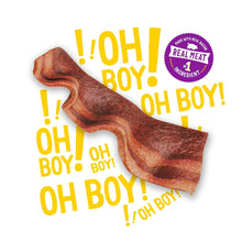 Bacon-flavored dog treat strip, reddish brown with wavy edges