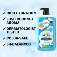 Shampoo bottle with pump and hydration icons on Hello Hydration label