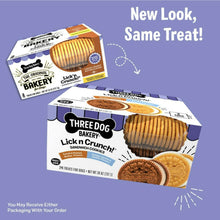 Three Dog Bakery Lick n Crunch sandwich cookie boxes with new look same treat