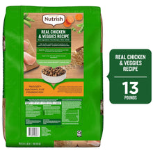Dry dog food bag back panel with feeding details and 13 lb label