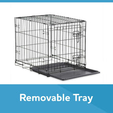 Wire dog crate with removable leak-proof tray base and secure door frame