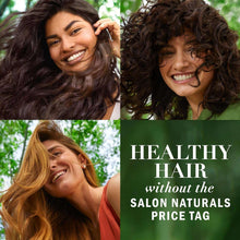 Hair conditioner ad collage with smiling women and curly hair styles