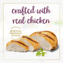 Crafted with real chicken panel showing sliced chicken pieces and garnish.