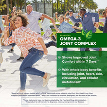 Advanced Omega-3 joint complex supplement box with people exercising and product callouts
