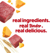 Purina Beneful dog treats, real ingredients message with red beef and yellow cheese pieces