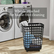 Black rolling laundry hamper with open grid frame and caster wheels