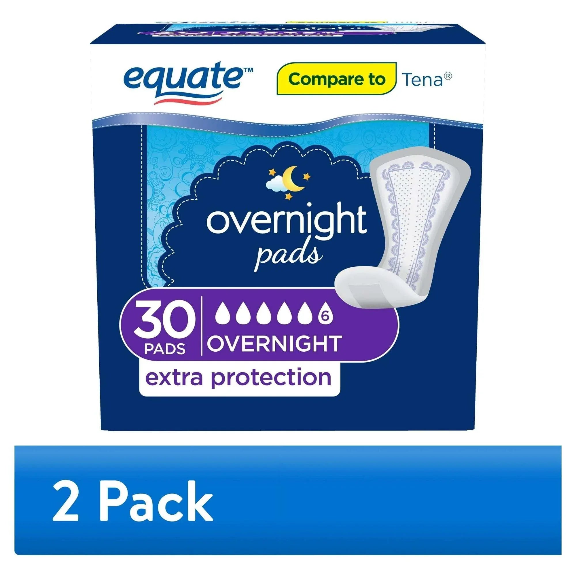 Equate Women's Overnight Incontinence Pads, Ultimate Absorbency (30 Count), Compare to Tena®