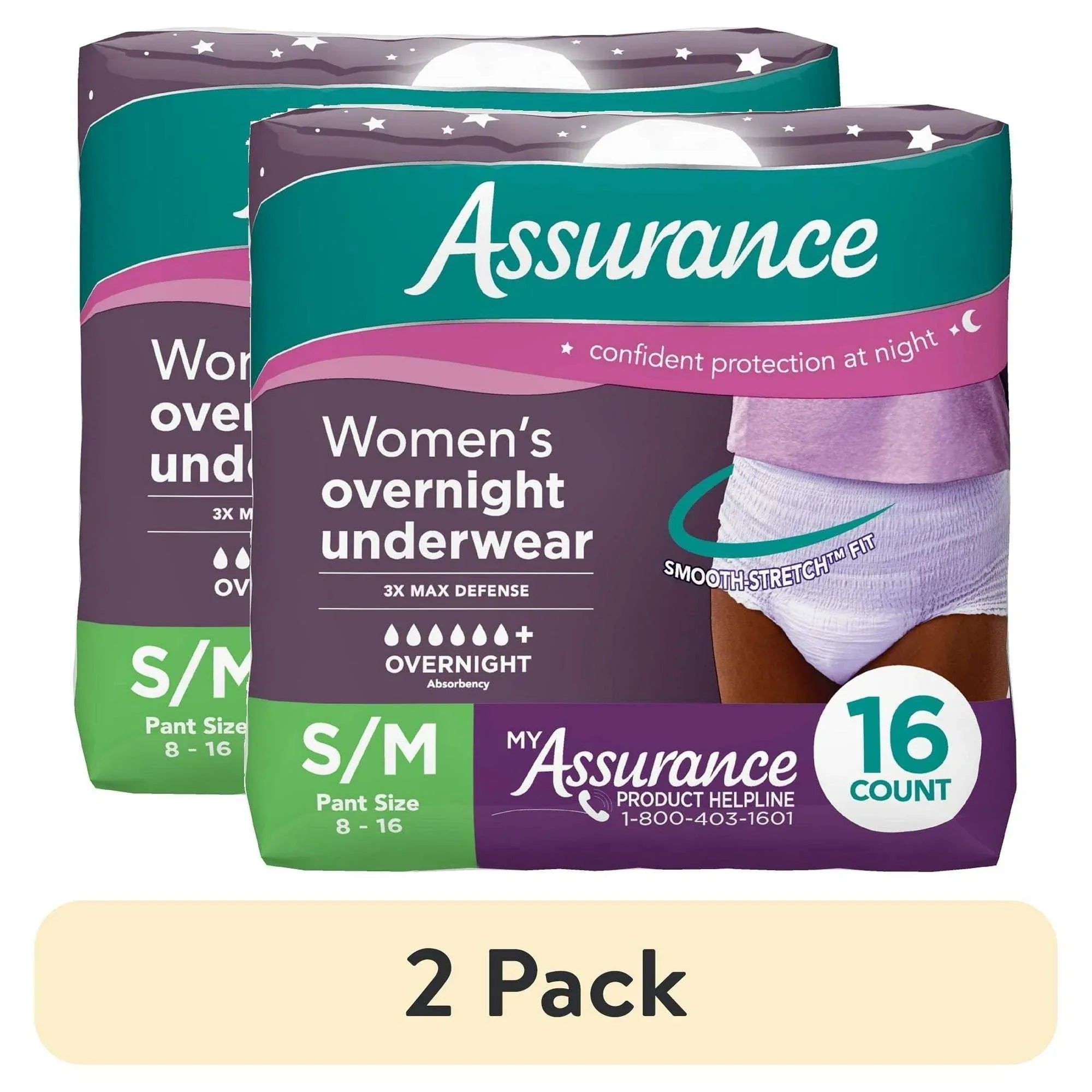 Assurance Women's Overnight Incontinence & Postpartum Underwear, S/M, Ultimate Absorbency (16 Count)