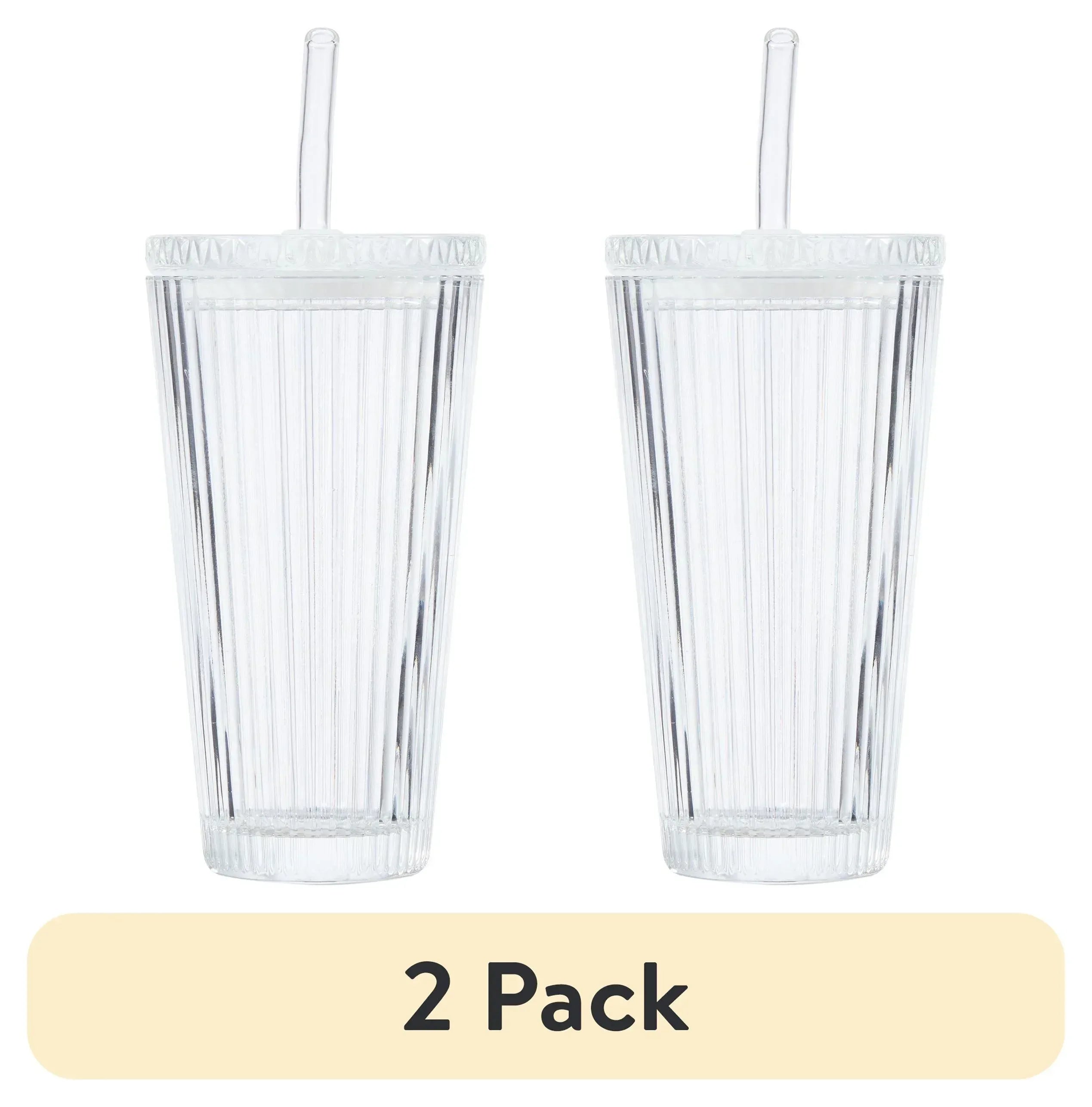Better Homes & Gardens Glass 21oz Tumbler Ribbed with Glass Lid and Straw