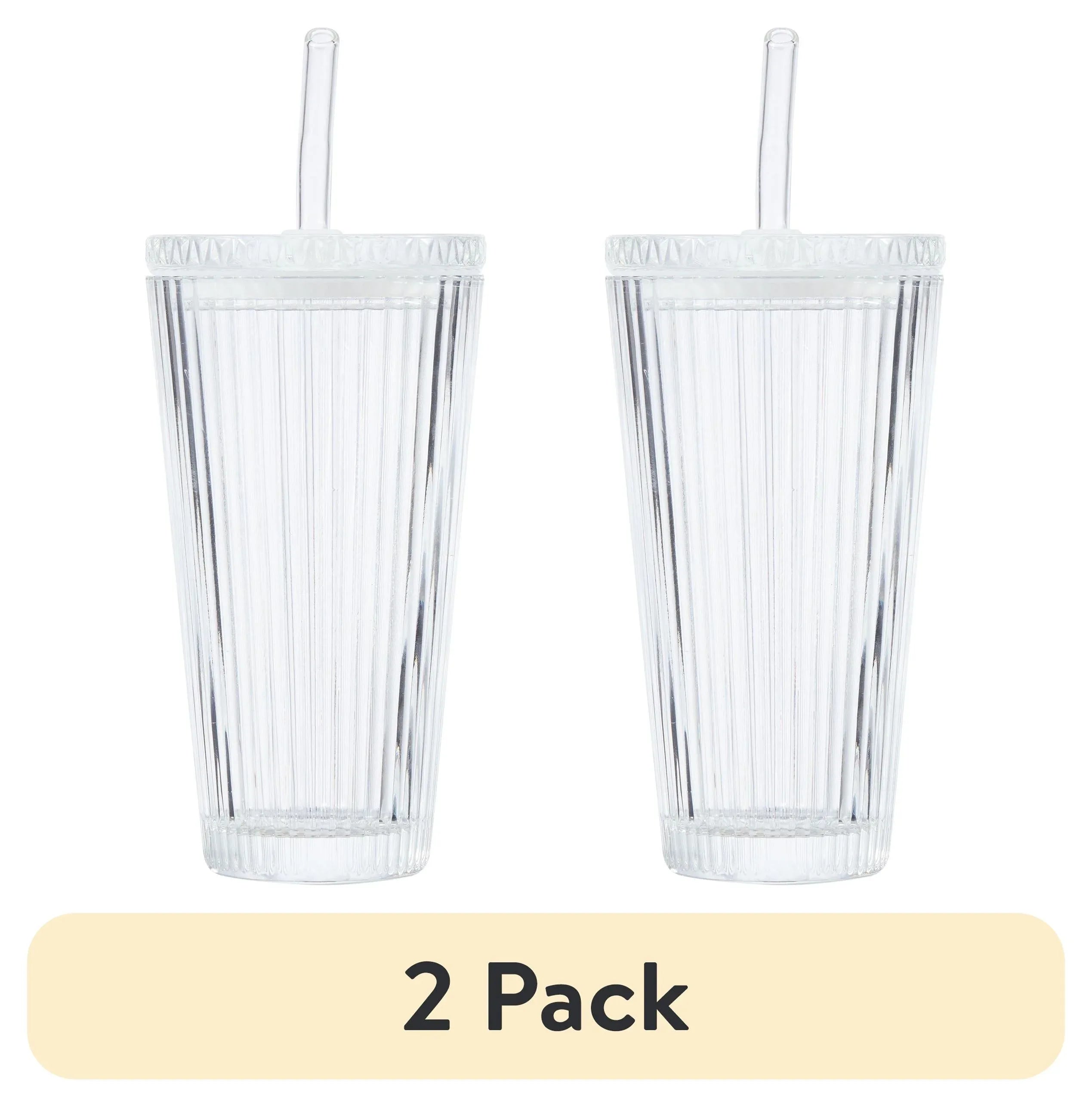 Better Homes & Gardens Glass 21oz Tumbler Ribbed with Glass Lid and Straw - USA MEGA SHOP