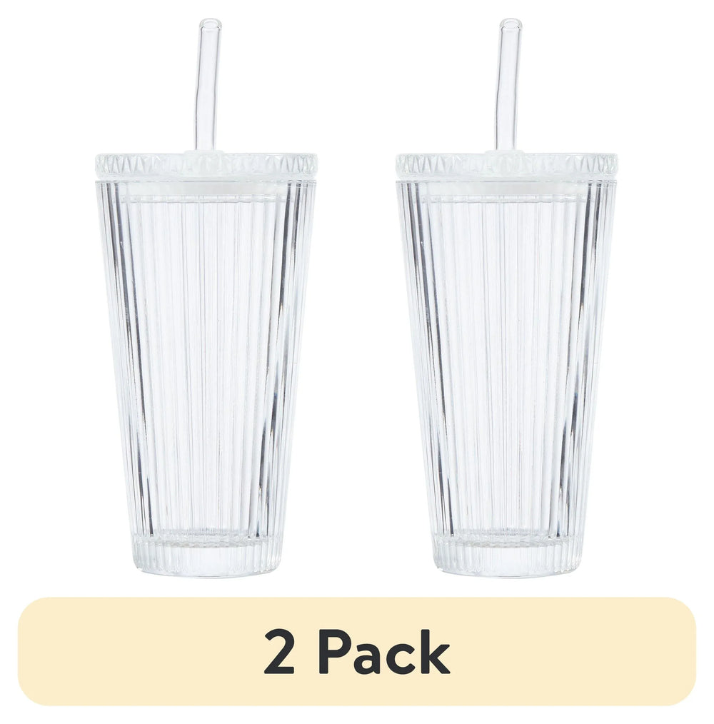 Better Homes & Gardens Glass 21oz Tumbler Ribbed with Glass Lid and Straw - USA MEGA SHOP