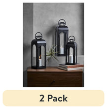 Black metal lantern candle holders set of 2 with arched glass windows