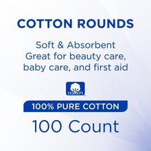 Cotton rounds 100% pure cotton, 100 count package front text.