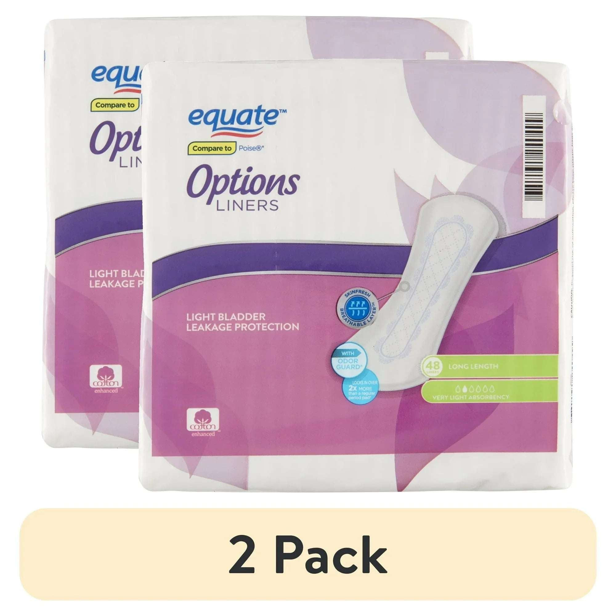 Equate Options Women's Incontinence Pads, Very Light Absorbency, Long Lengthy, Size 2, 48 Count