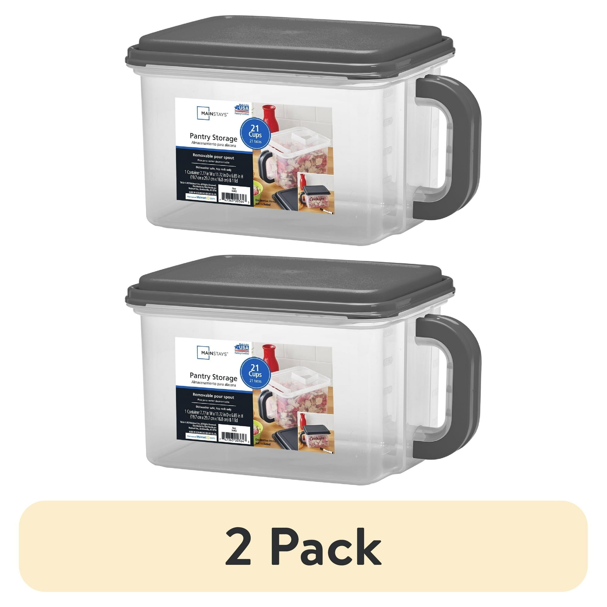 Mainstays Medium Plastic Canister with Handle, 21 Cups, Gray Lid and Handle, Made for Pantry Organization and Food Storage